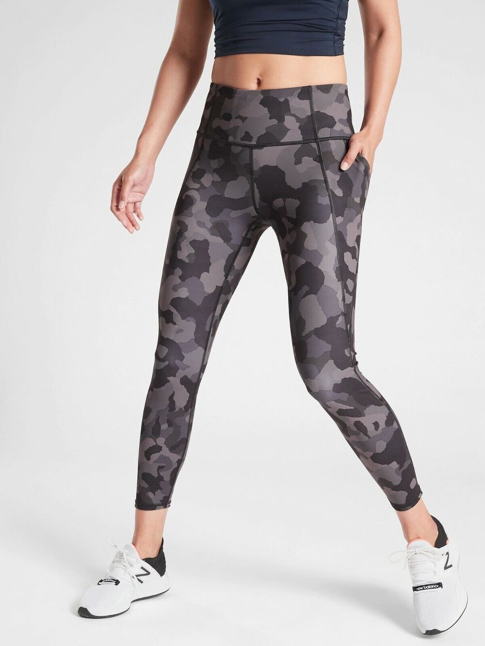Athleta Lightning Camo 7/8 Black Gray High Rise Pocket Leggings Gym Sporty Chic